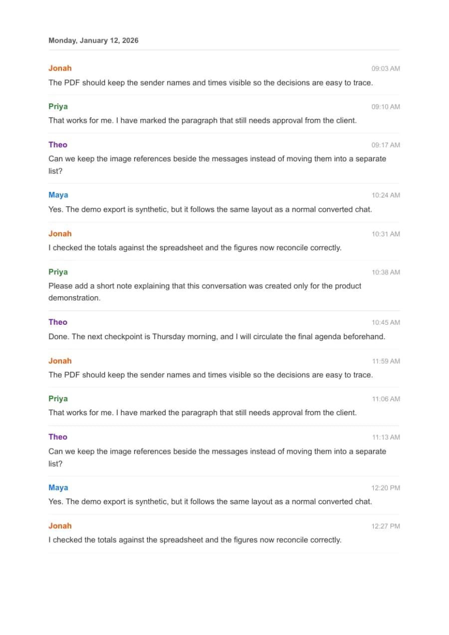 Clean Document PDF example page 10, generated by ChatToPDF from a fictional 420-message conversation