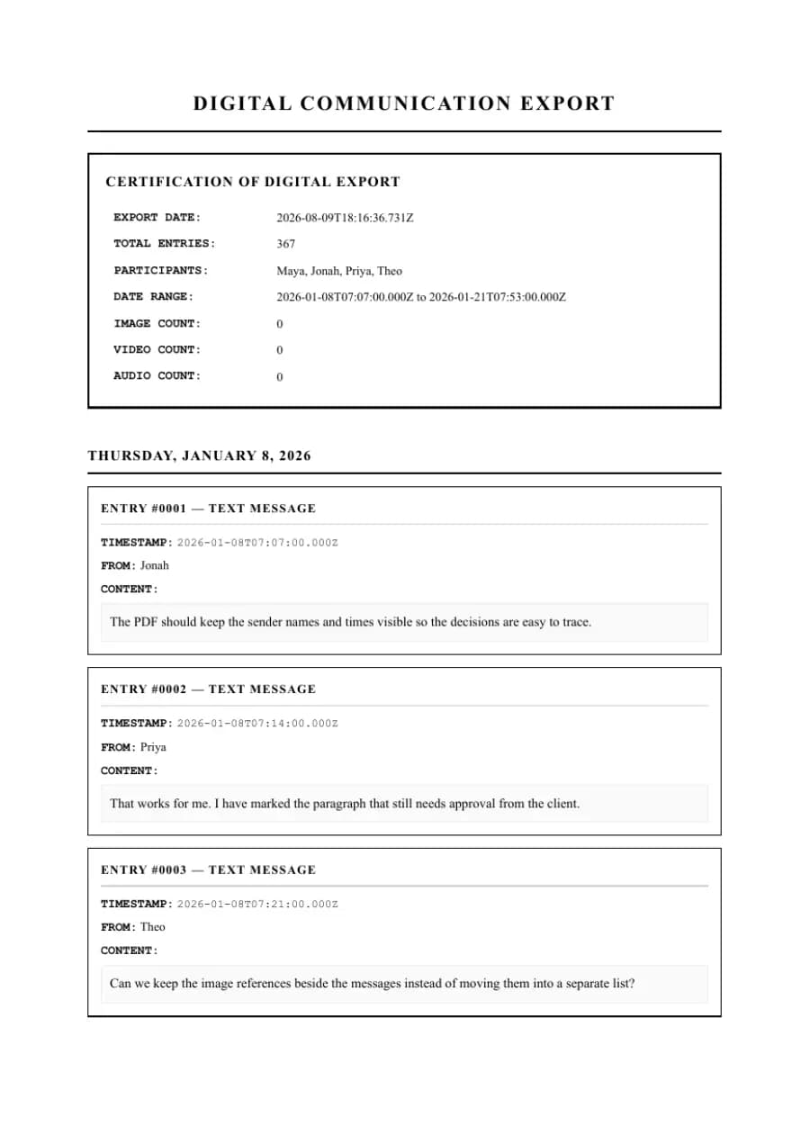 Formal / Legal PDF example page 1, generated by ChatToPDF from a fictional 420-message conversation
