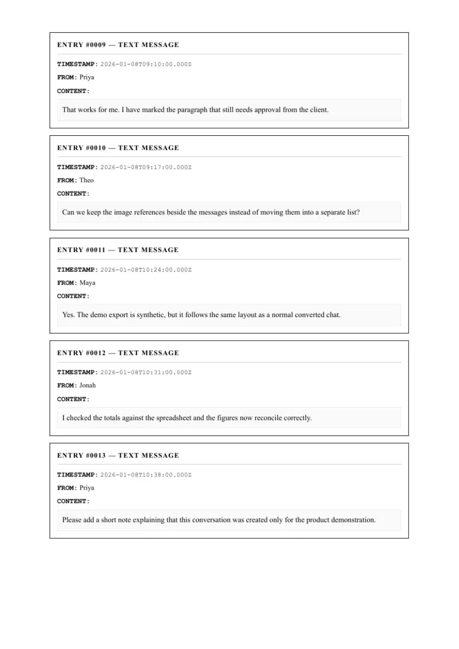 Formal / Legal PDF example page 3, generated by ChatToPDF from a fictional 420-message conversation