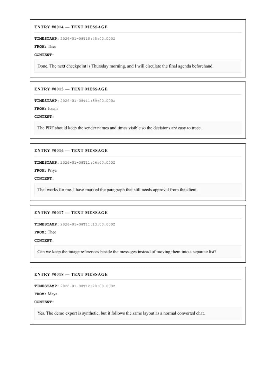 Formal / Legal PDF example page 4, generated by ChatToPDF from a fictional 420-message conversation