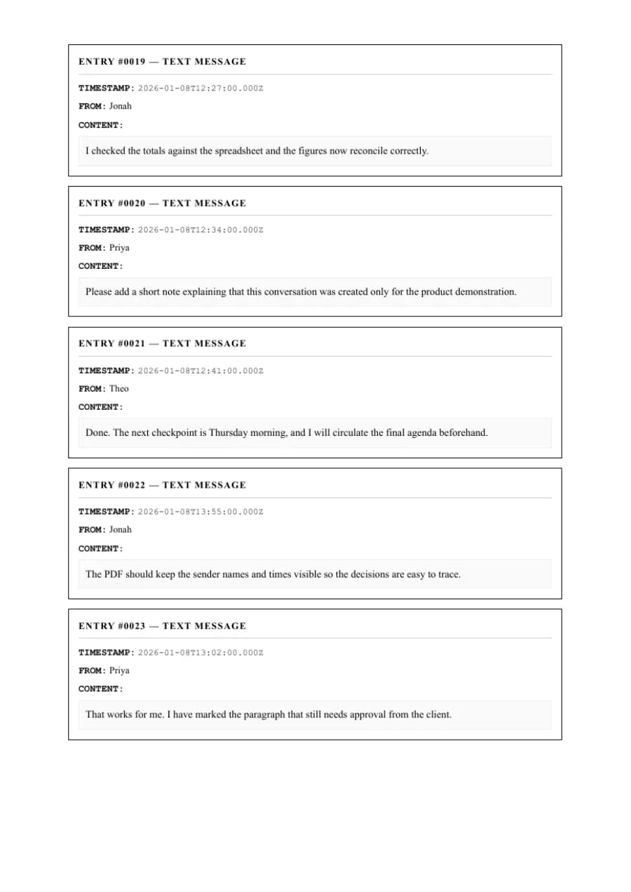 Formal / Legal PDF example page 5, generated by ChatToPDF from a fictional 420-message conversation