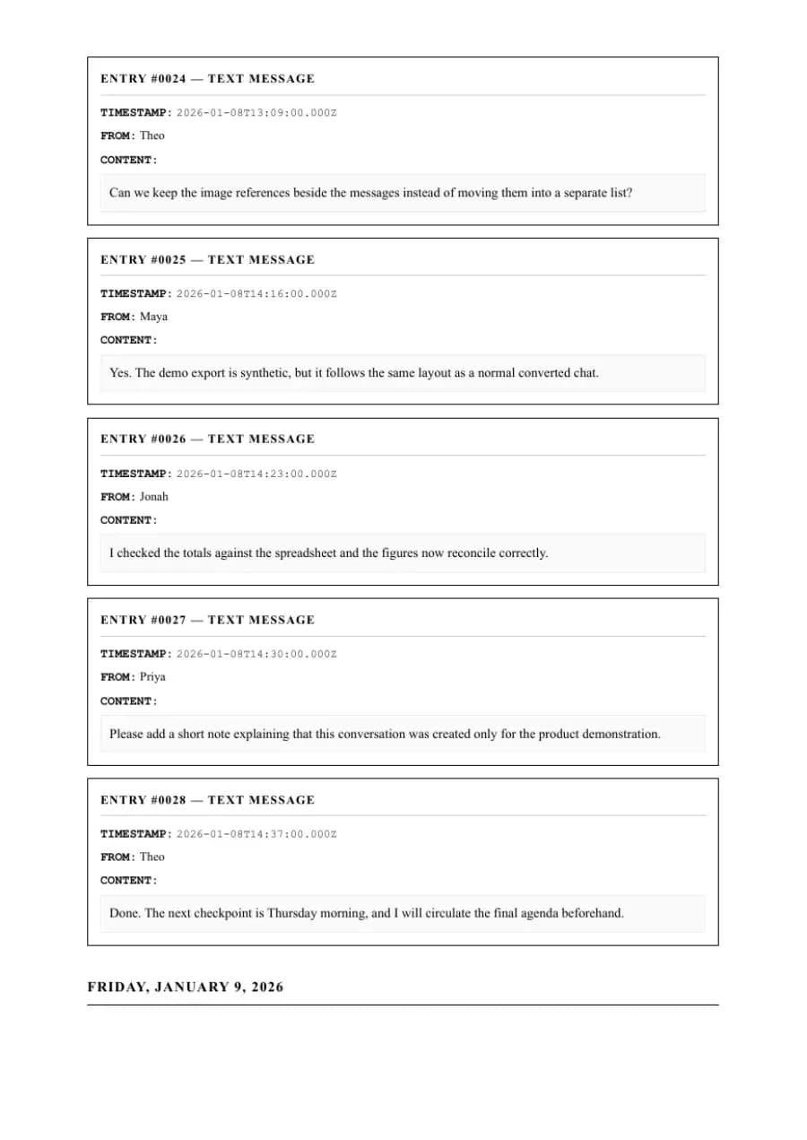 Formal / Legal PDF example page 6, generated by ChatToPDF from a fictional 420-message conversation