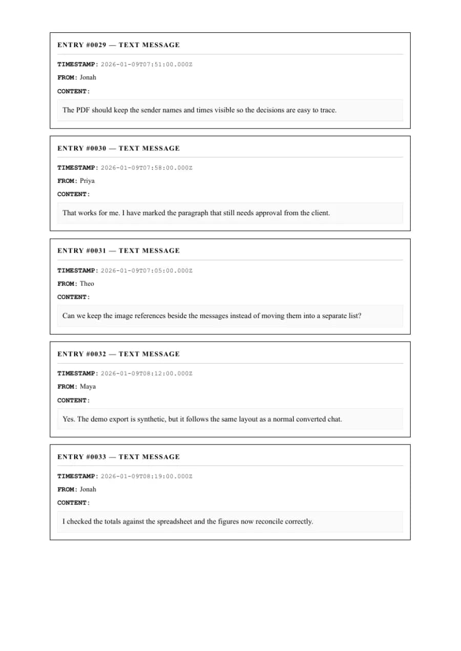 Formal / Legal PDF example page 7, generated by ChatToPDF from a fictional 420-message conversation