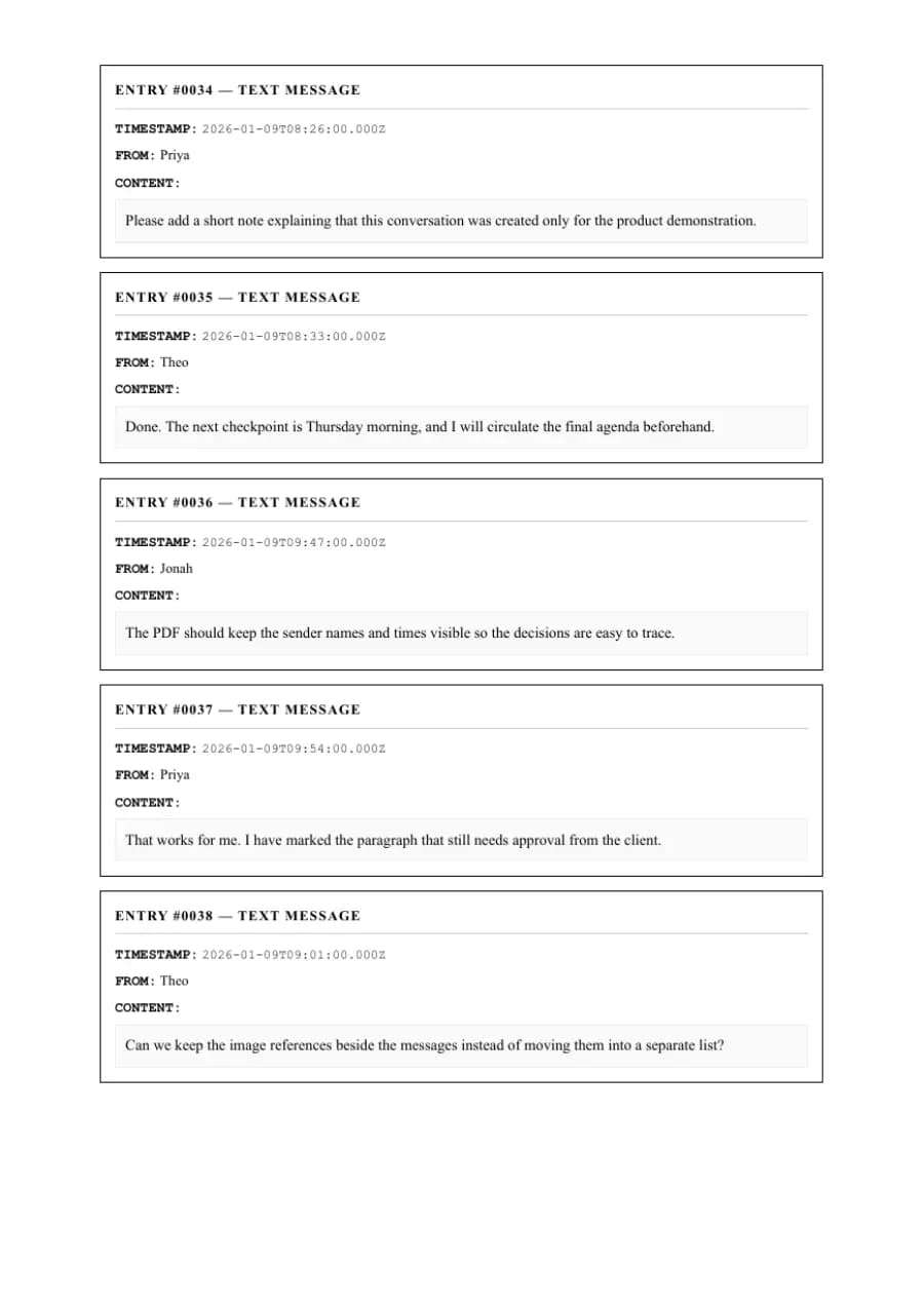 Formal / Legal PDF example page 8, generated by ChatToPDF from a fictional 420-message conversation