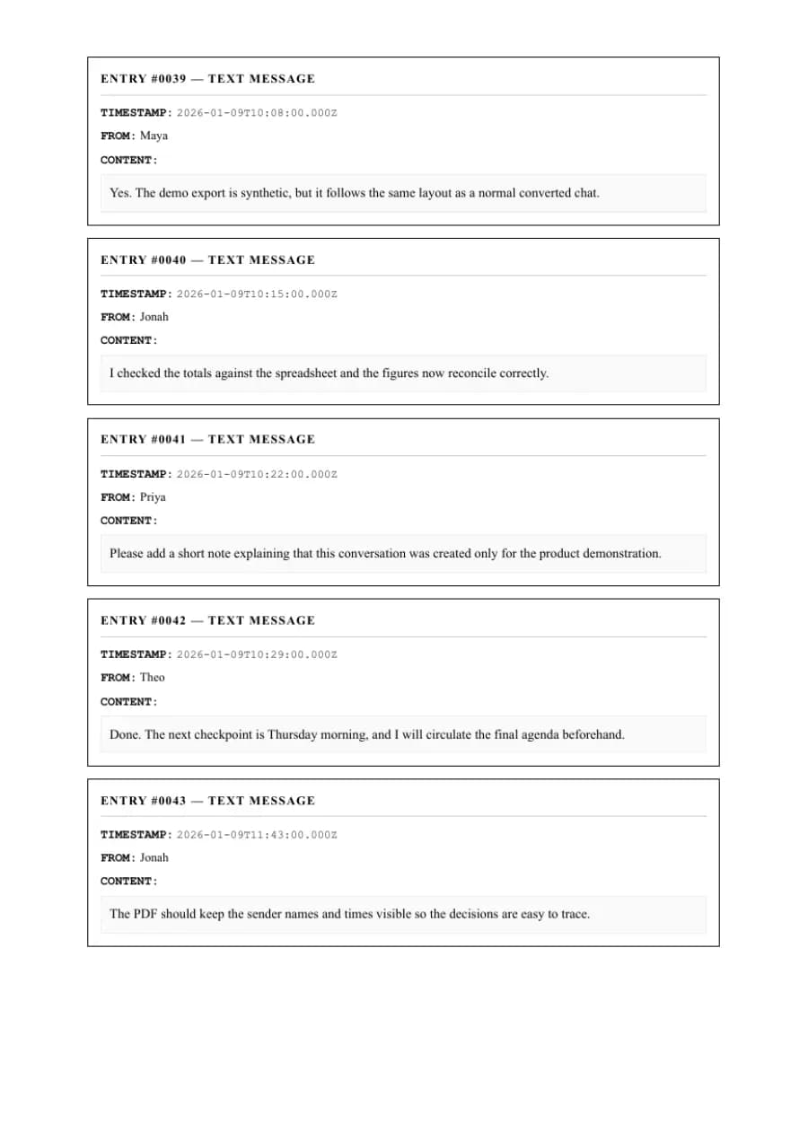 Formal / Legal PDF example page 9, generated by ChatToPDF from a fictional 420-message conversation