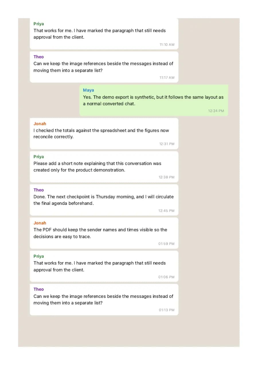 WhatsApp Classic PDF example page 2, generated by ChatToPDF from a fictional 420-message conversation