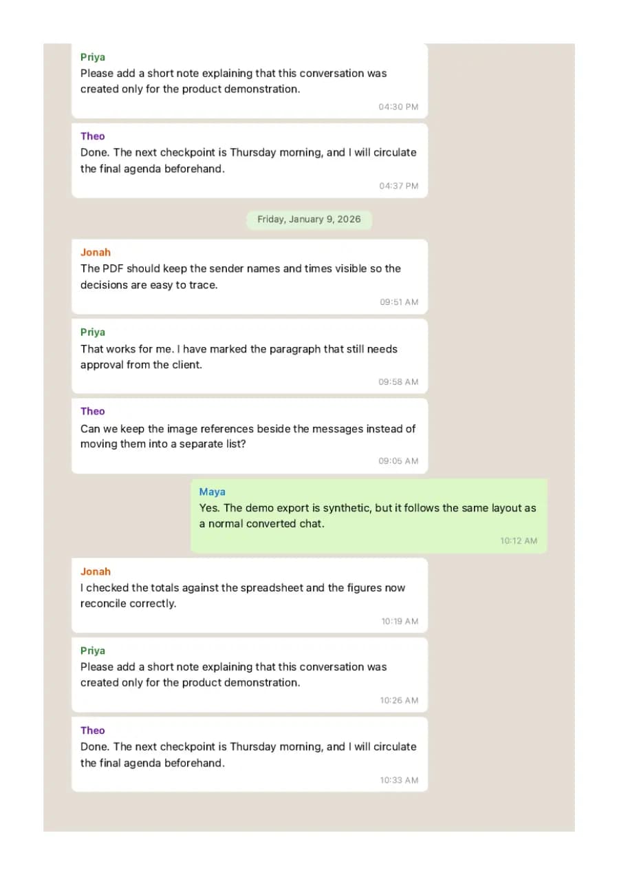 WhatsApp Classic PDF example page 4, generated by ChatToPDF from a fictional 420-message conversation