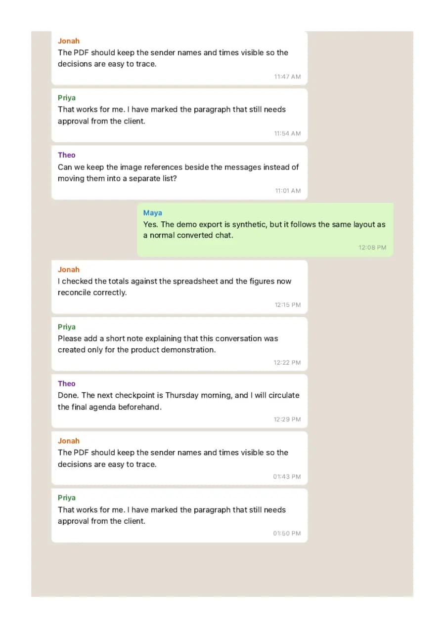 WhatsApp Classic PDF example page 5, generated by ChatToPDF from a fictional 420-message conversation
