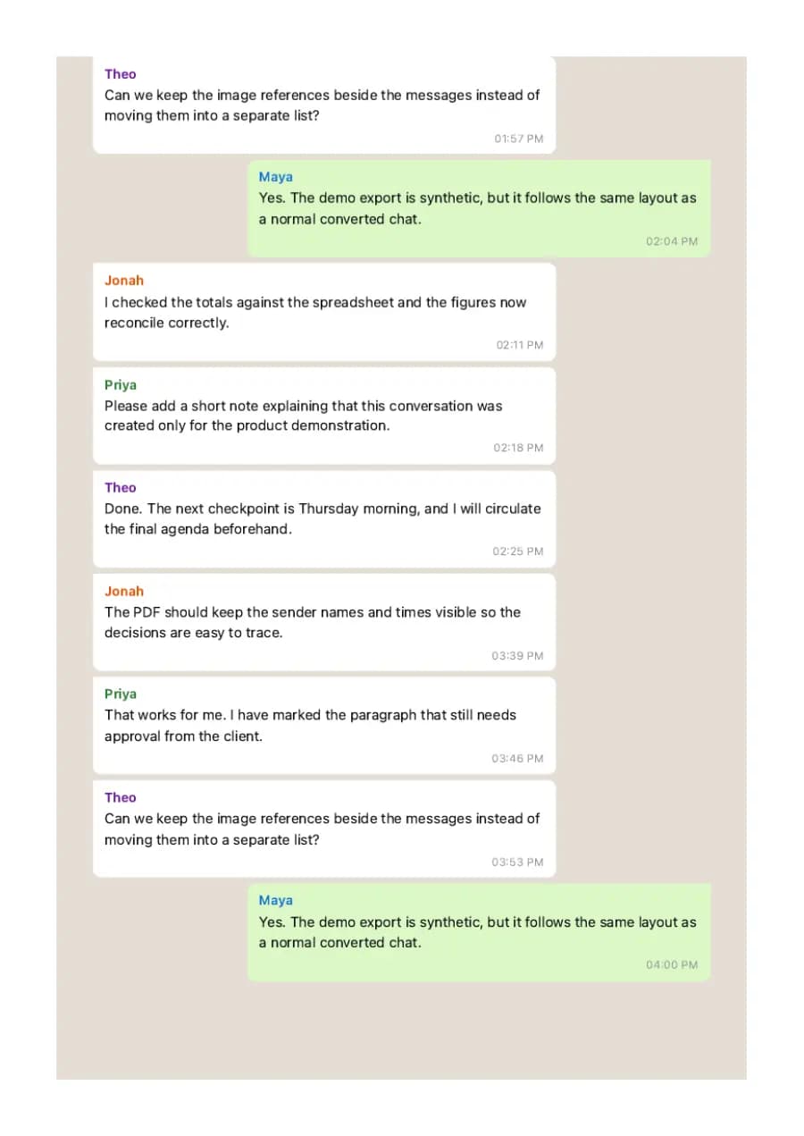 WhatsApp Classic PDF example page 6, generated by ChatToPDF from a fictional 420-message conversation