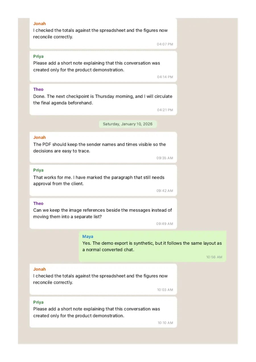 WhatsApp Classic PDF example page 7, generated by ChatToPDF from a fictional 420-message conversation