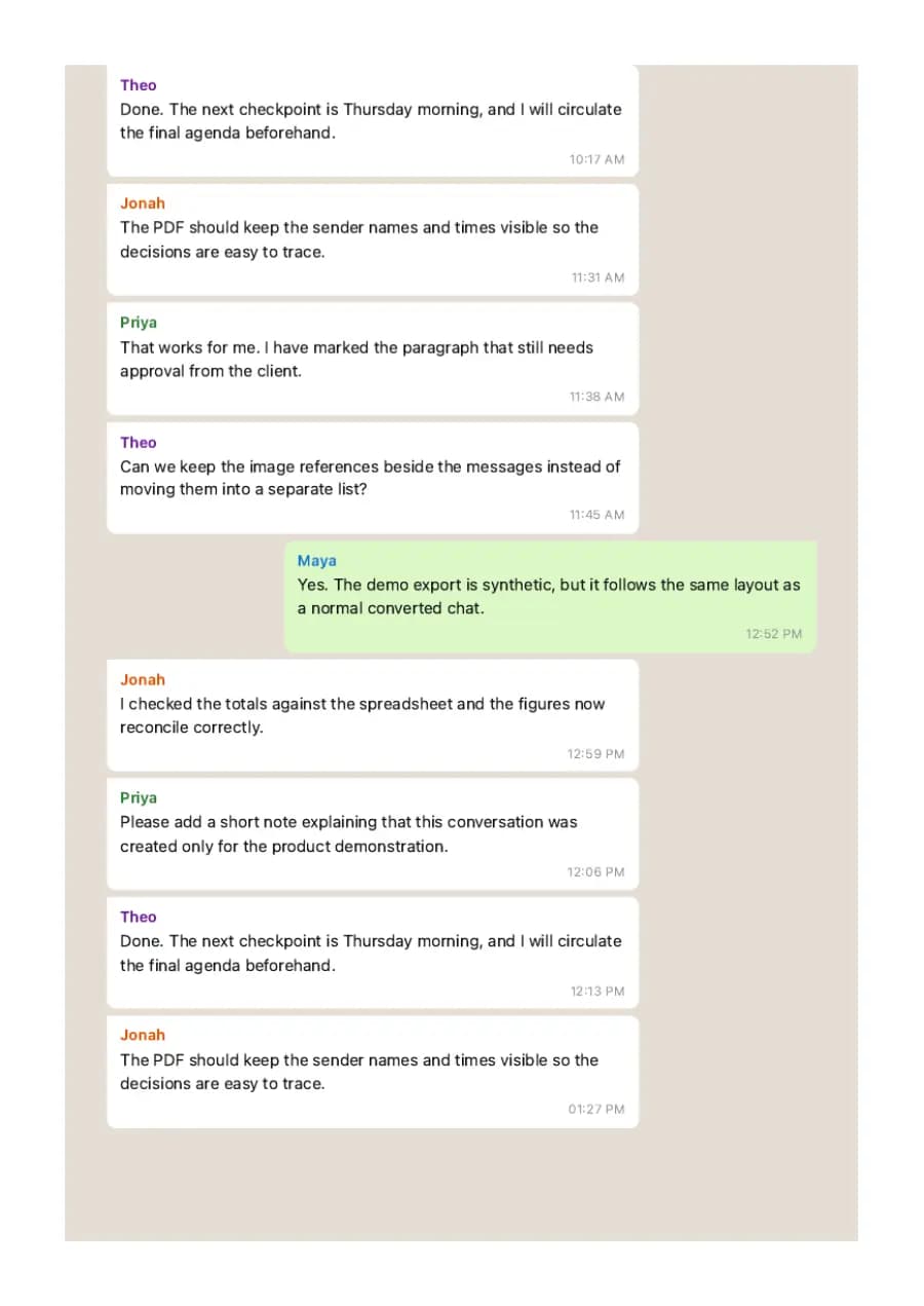 WhatsApp Classic PDF example page 8, generated by ChatToPDF from a fictional 420-message conversation