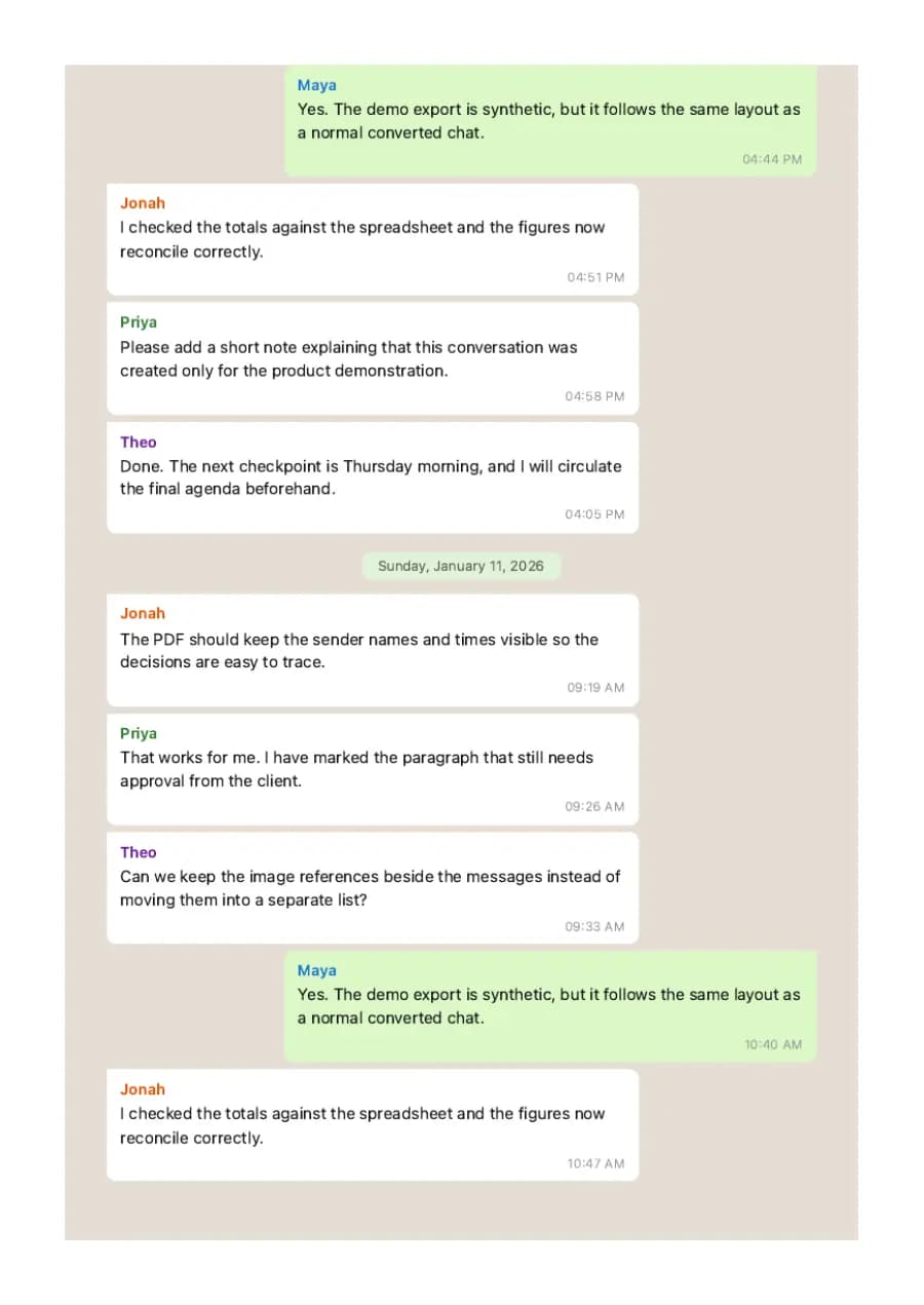 WhatsApp Classic PDF example page 10, generated by ChatToPDF from a fictional 420-message conversation