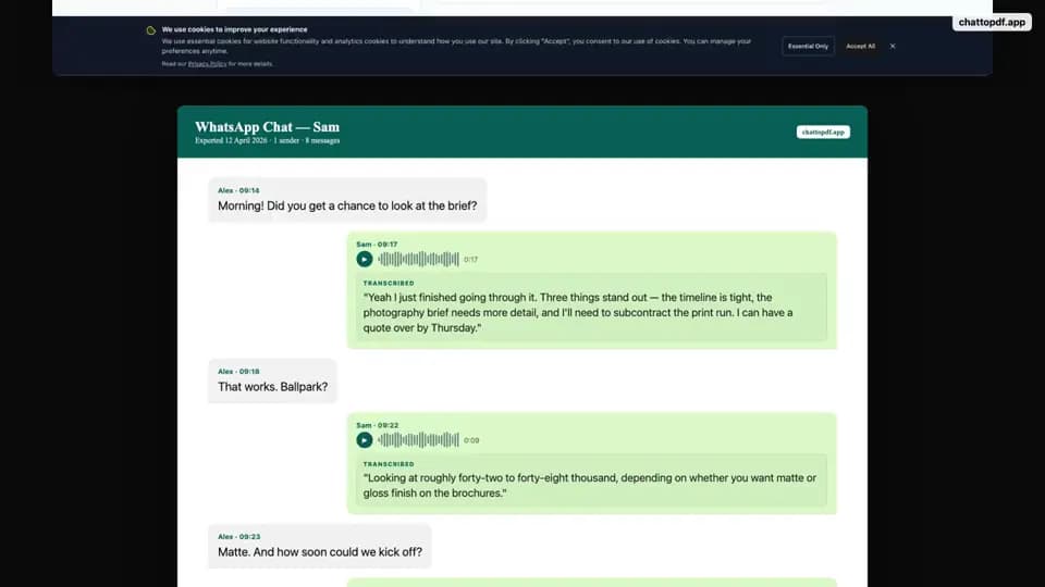 Rendered ChatToPDF preview with fictional message bubbles, sender labels, audio waveforms, and transcripts