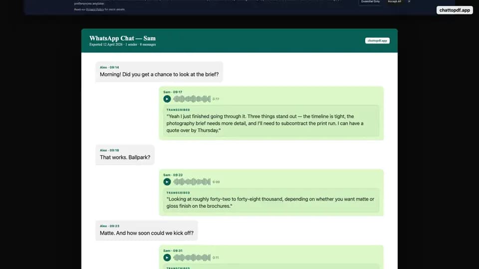 ChatToPDF output preview showing searchable voice-note transcripts beside fictional chat messages