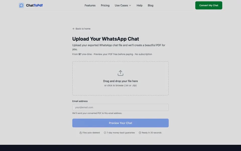 ChatToPDF upload page with a drag-and-drop area for a WhatsApp TXT or ZIP export and email delivery field