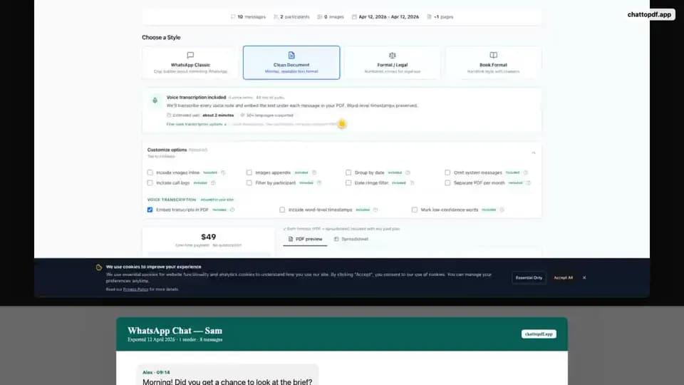 ChatToPDF product screen showing voice transcription and document customisation controls for a fictional chat