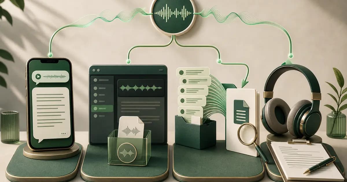 WhatsApp voice waveform branching to in-app, standalone audio, whole-chat archive and human-review workflows