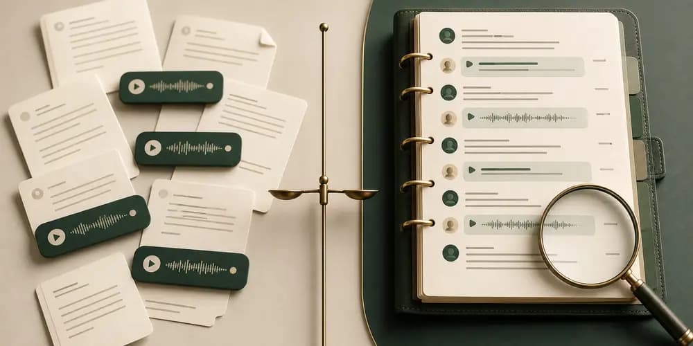 Disconnected audio transcripts compared with one chronological document preserving senders and voice-note context