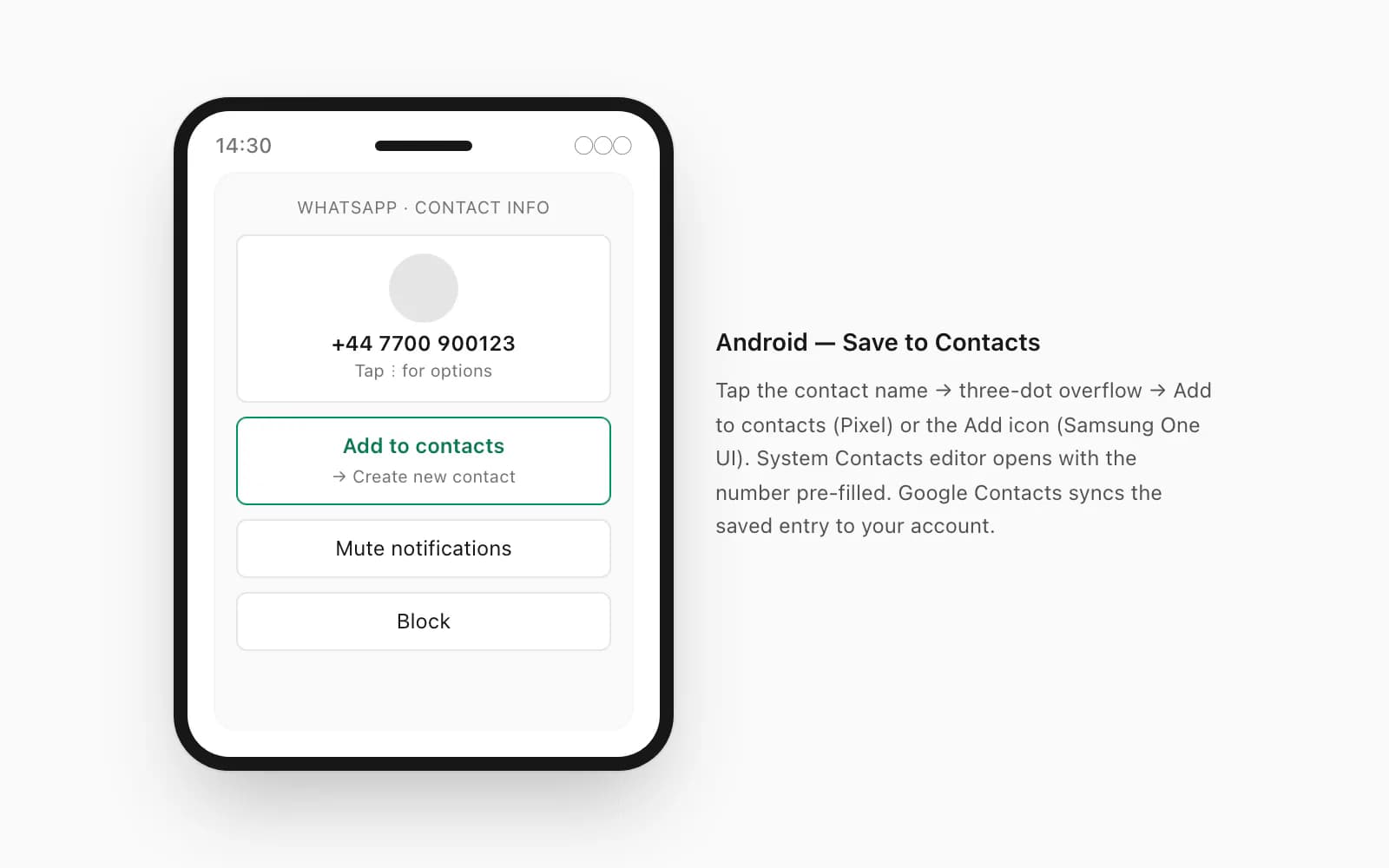 Android screen showing a WhatsApp contact tapped through to a Save to Contacts action sheet