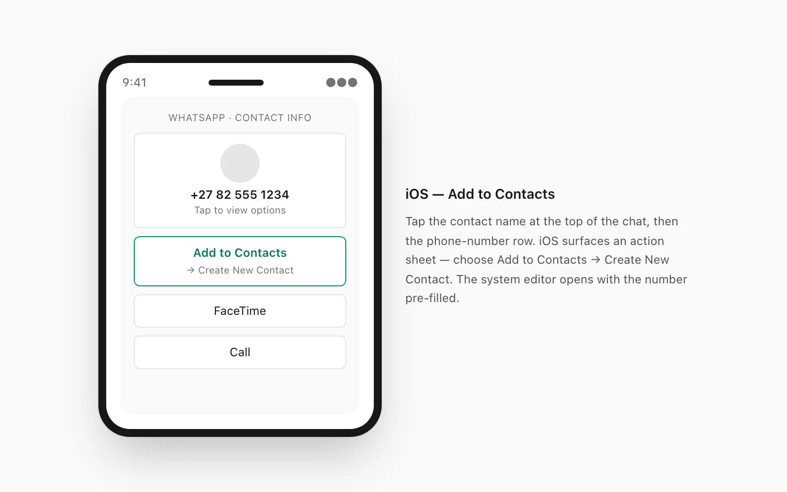 iPhone screen showing a WhatsApp contact tapped through to an Add to Contacts action sheet