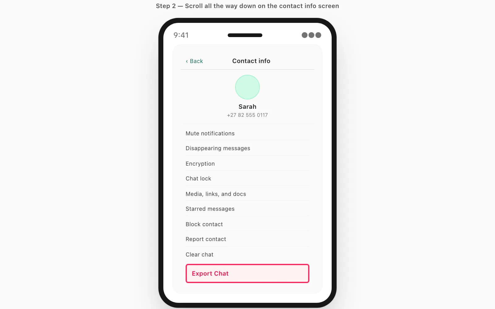 iPhone WhatsApp contact info screen scrolled to the bottom with Export Chat highlighted in red