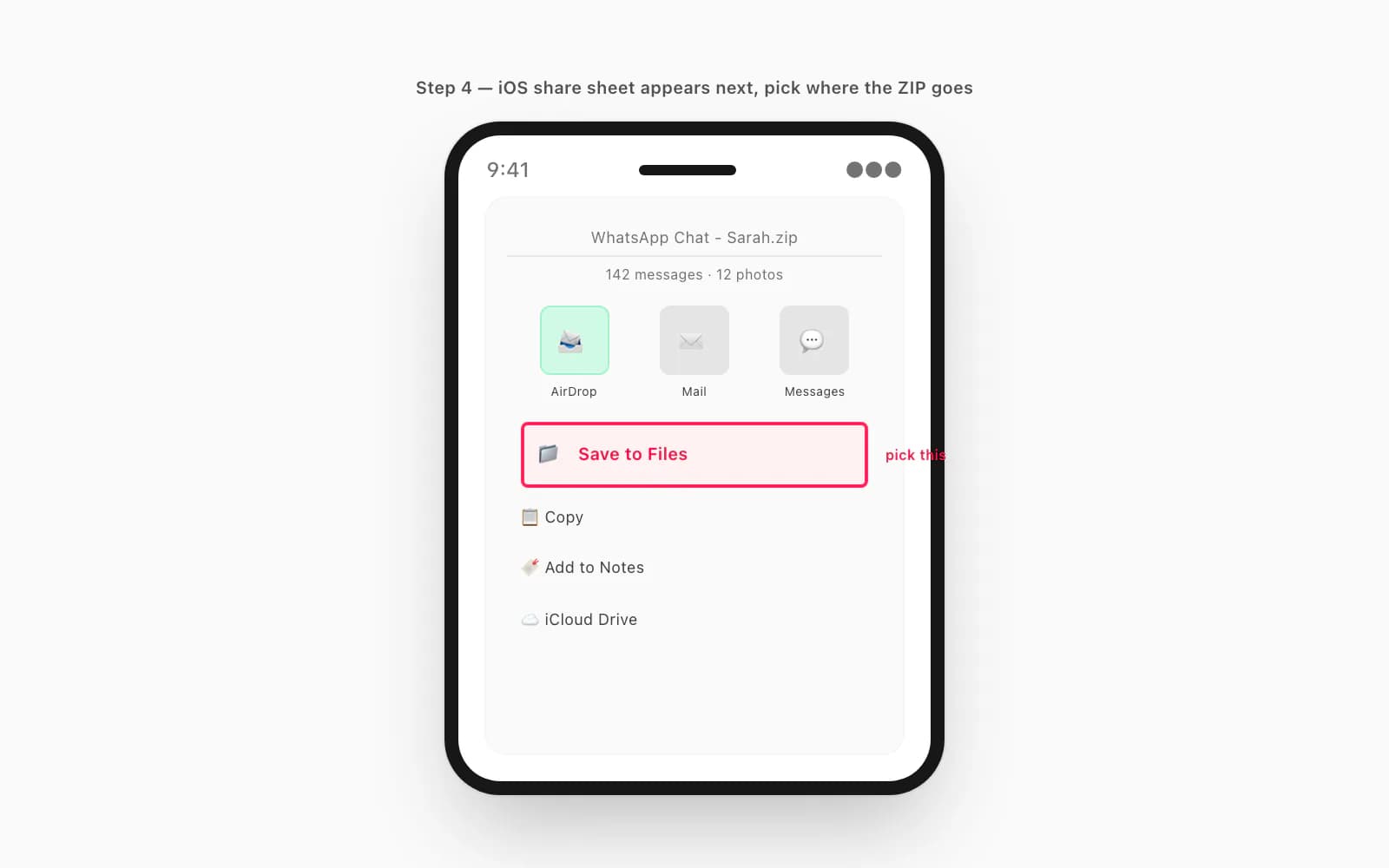 iOS share sheet after Export Chat with Save to Files highlighted, plus AirDrop, Mail, and Messages alternatives