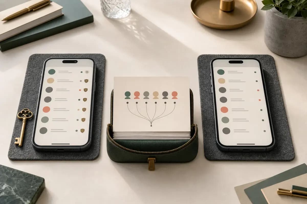 Administrator and member phones showing the same participant roster with management controls available only to the admin