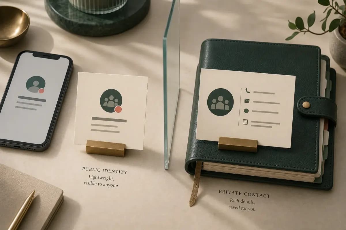 Public group identity card separated by glass from a richer private address-book contact record