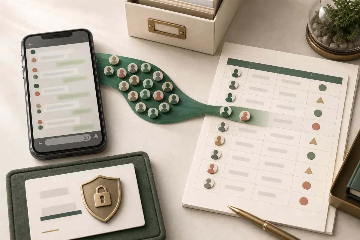 Group chat participant tokens flowing from a phone into a structured spreadsheet with a privacy card beside it