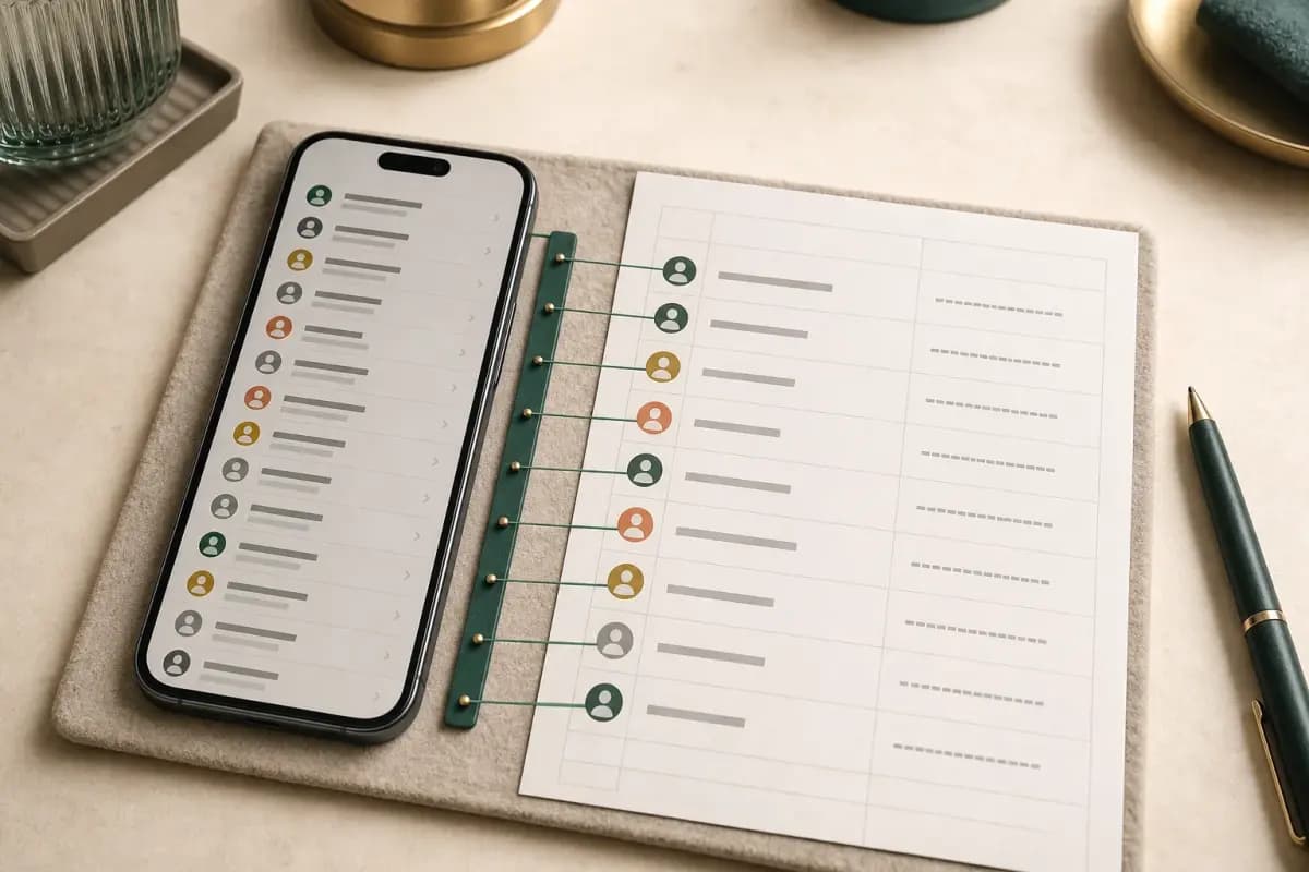 Scrollable mobile participant roster aligned row by row with a clean paper contact ledger
