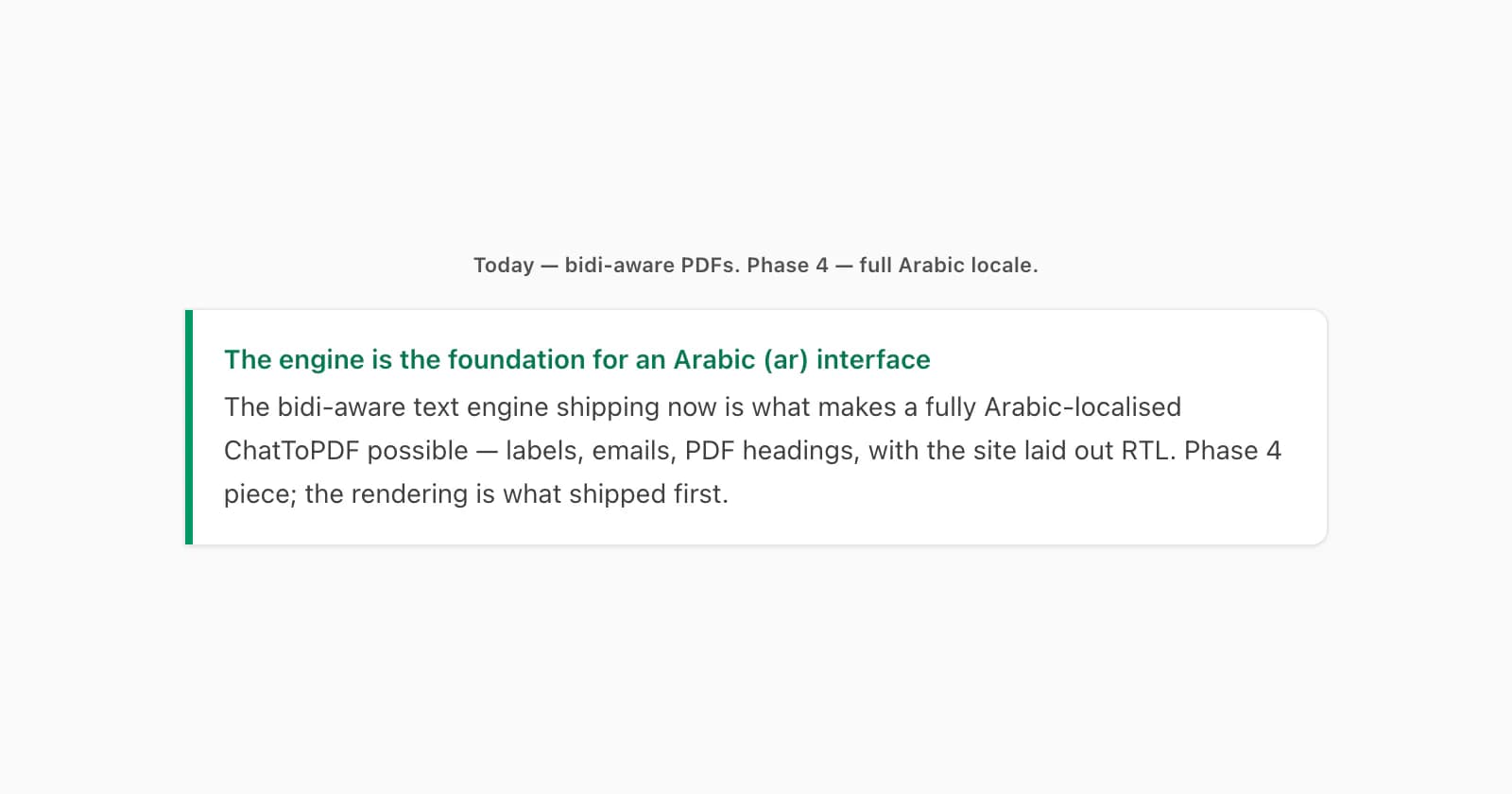Callout on the upcoming Arabic locale for ChatToPDF — RTL interface in Phase 4, on top of the bidi engine shipping now