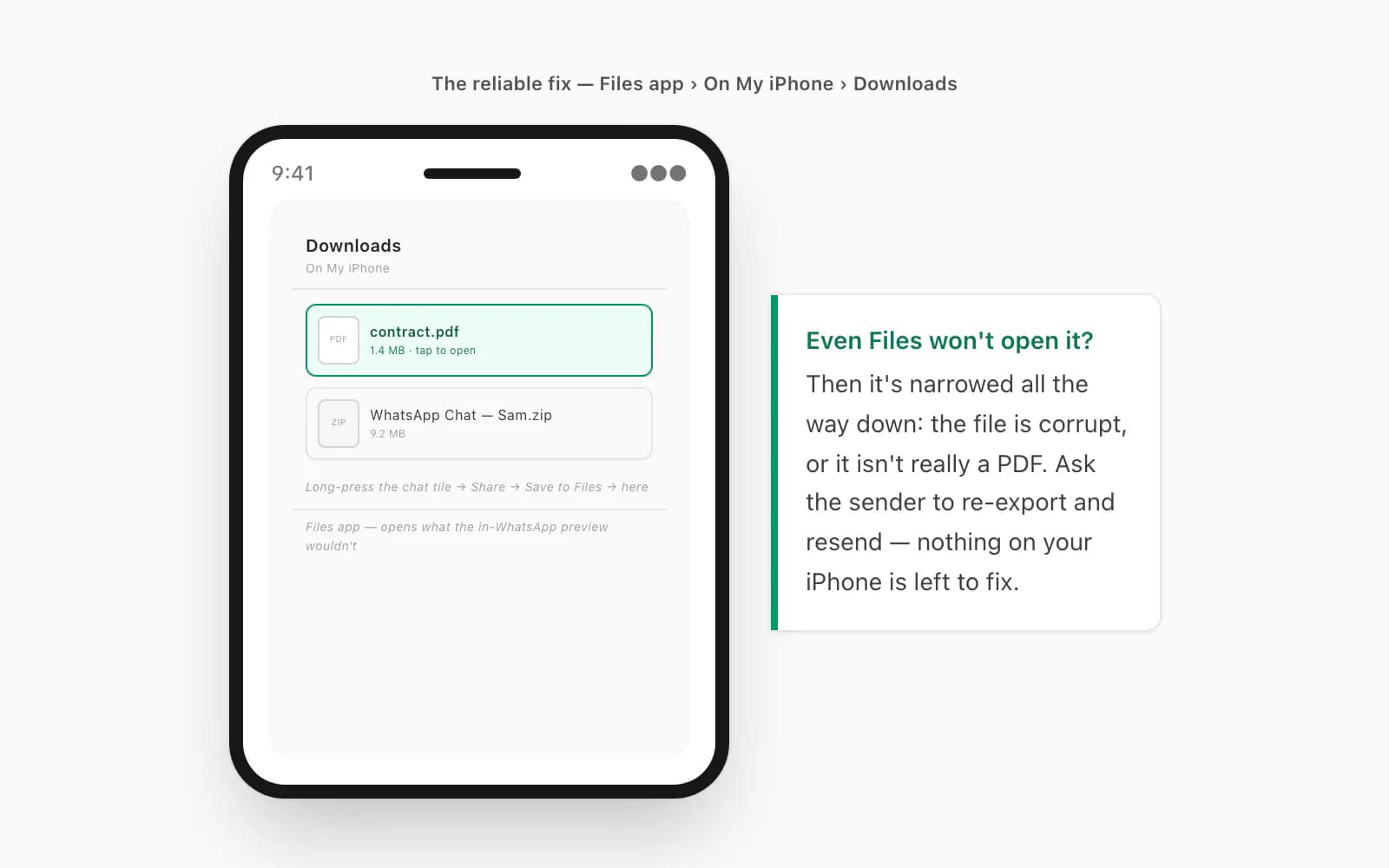 iPhone Files app, On My iPhone then Downloads, showing the saved WhatsApp PDF ready to open