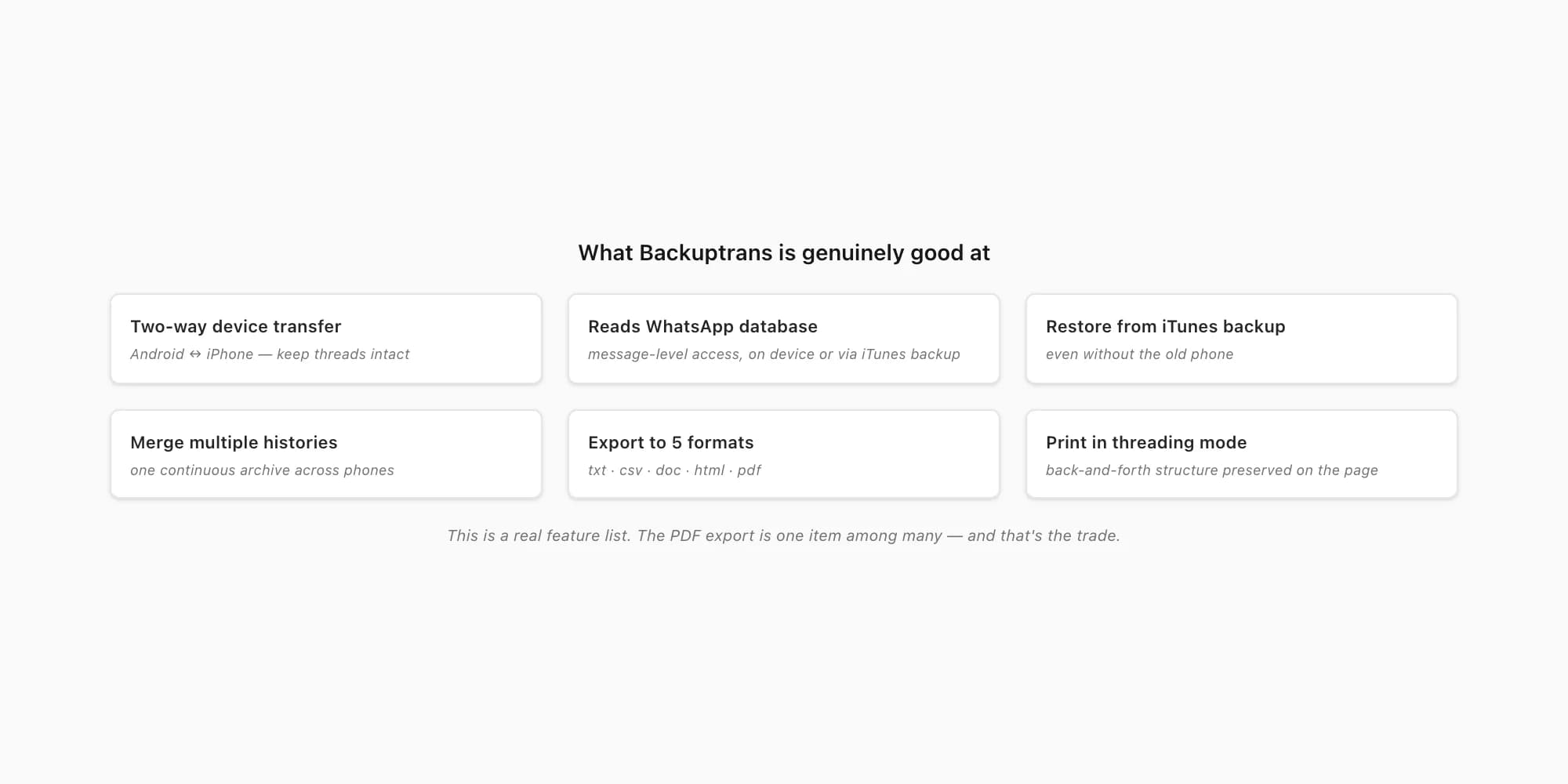 Backuptrans strengths: desktop install, reads WhatsApp database, two-way transfer, iTunes backup restore, merge histories