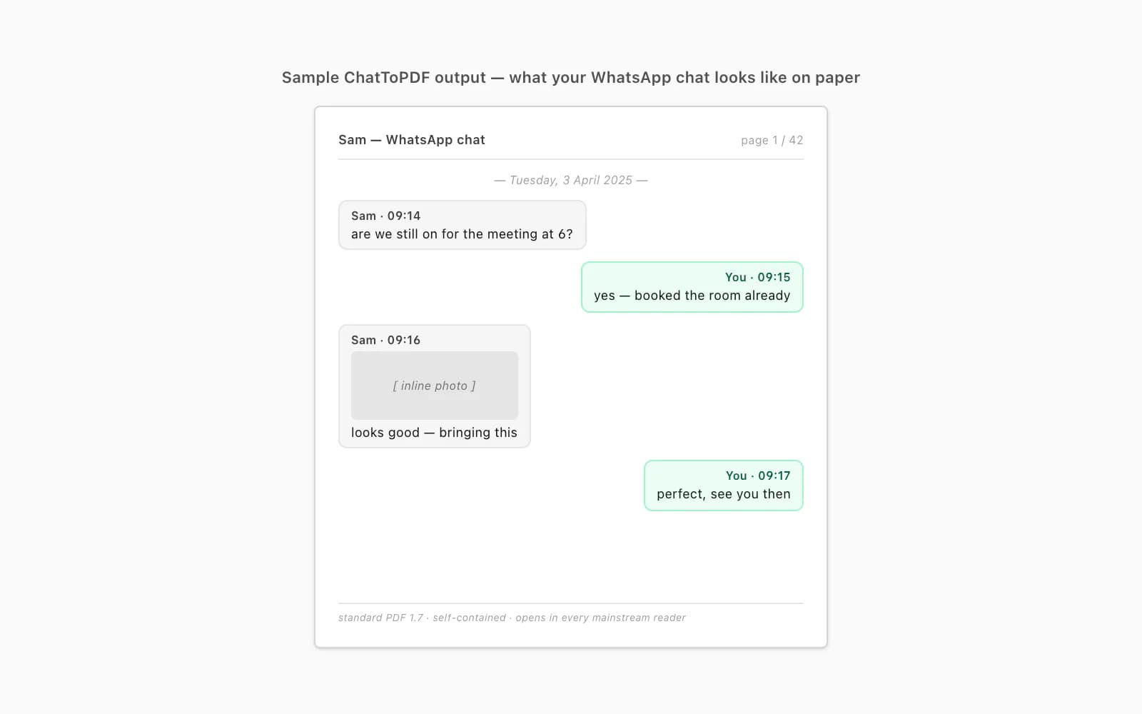 Sample ChatToPDF page: sender-attributed WhatsApp message bubbles, timestamps and an inline photo on a paginated PDF page