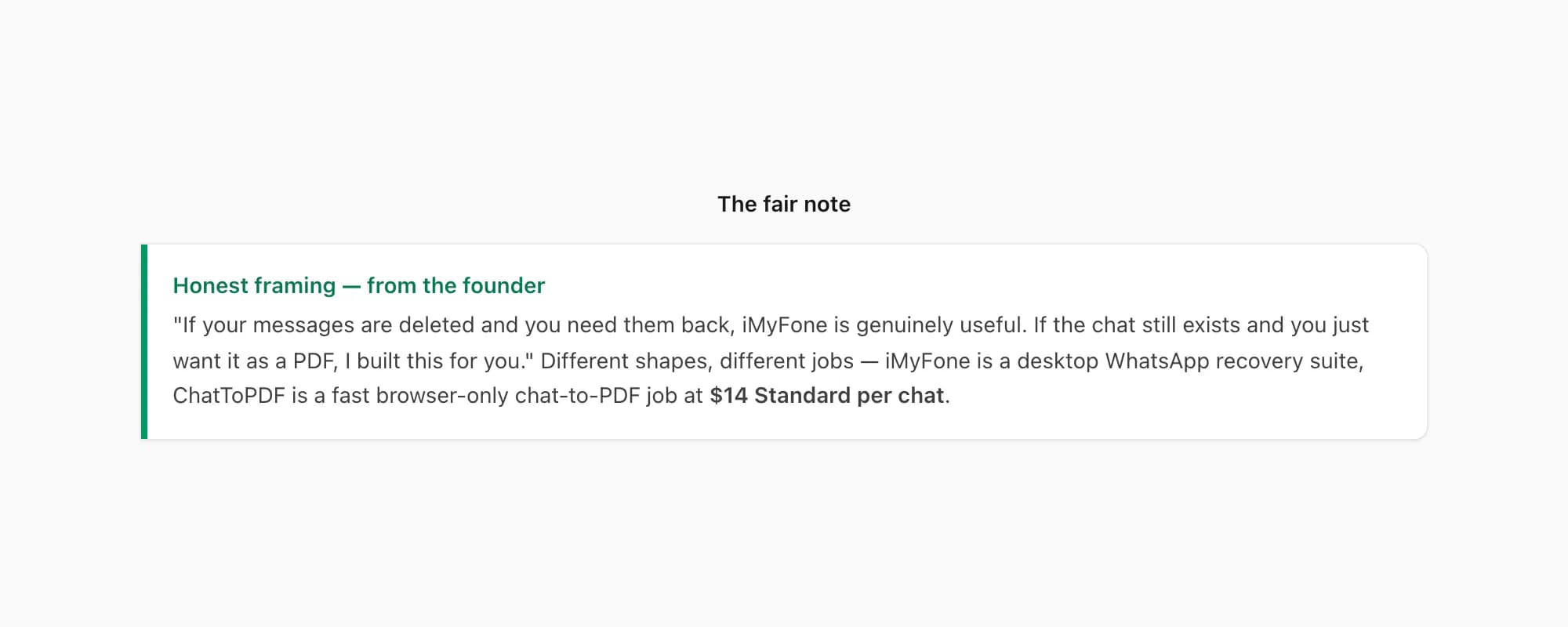 Fair-note callout in the founder voice: if you need deleted-message recovery iMyFone is useful, otherwise ChatToPDF