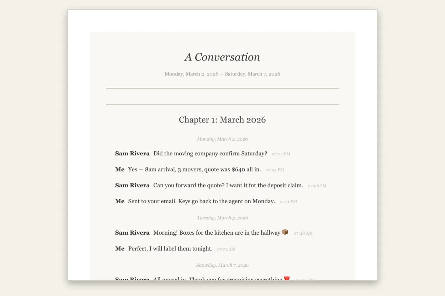 An iMessage conversation in Book Format: a title page and messages set in serif type with sender names