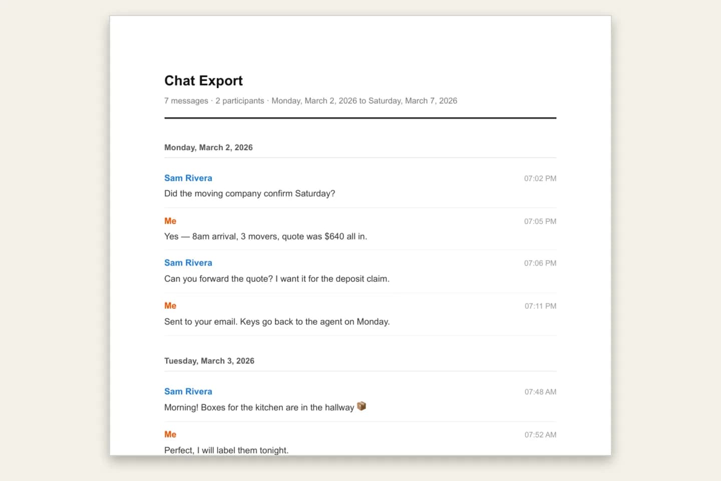 First page of an iMessage conversation converted to a Clean Document PDF, with sender names, times and day headings