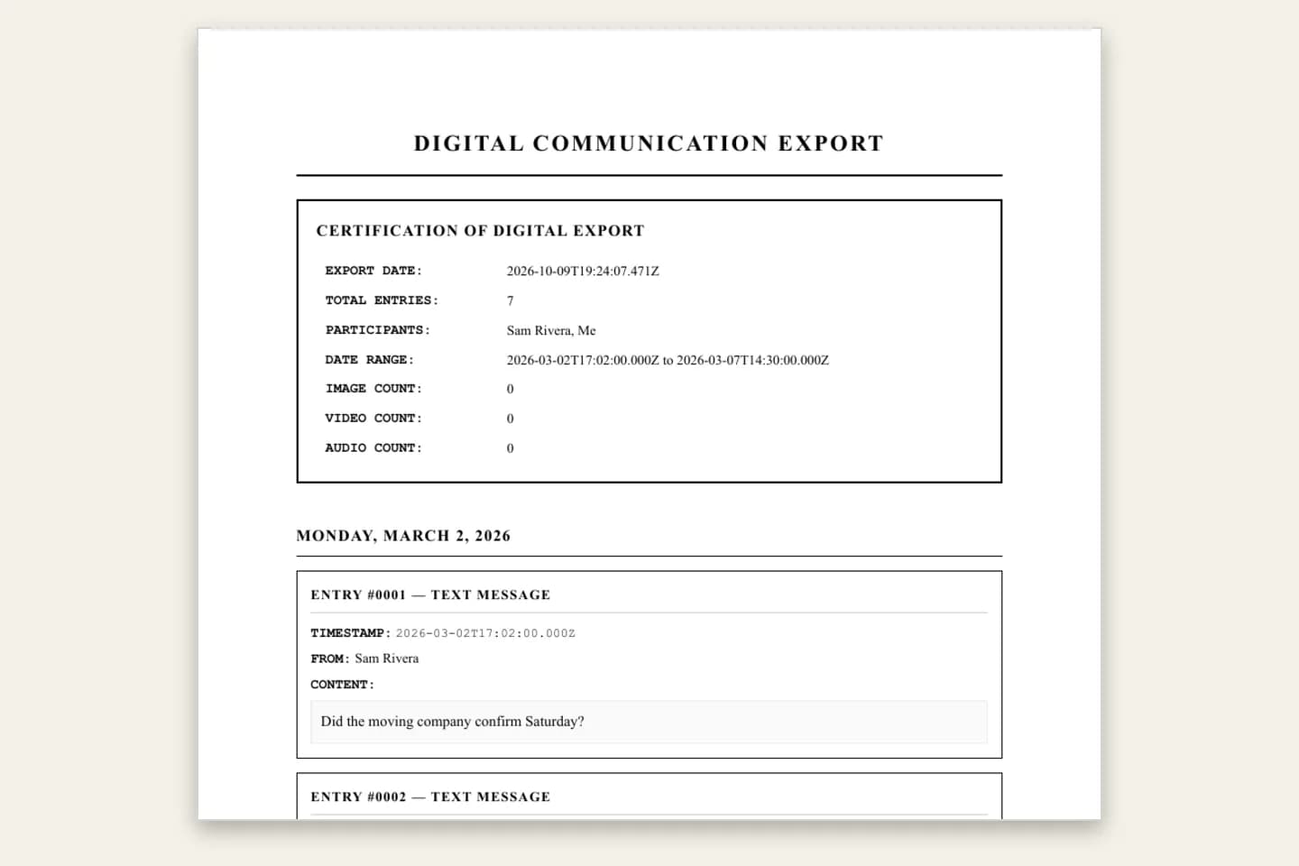 The same iMessage conversation in the Formal / Legal PDF style with numbered entries, timestamps and senders