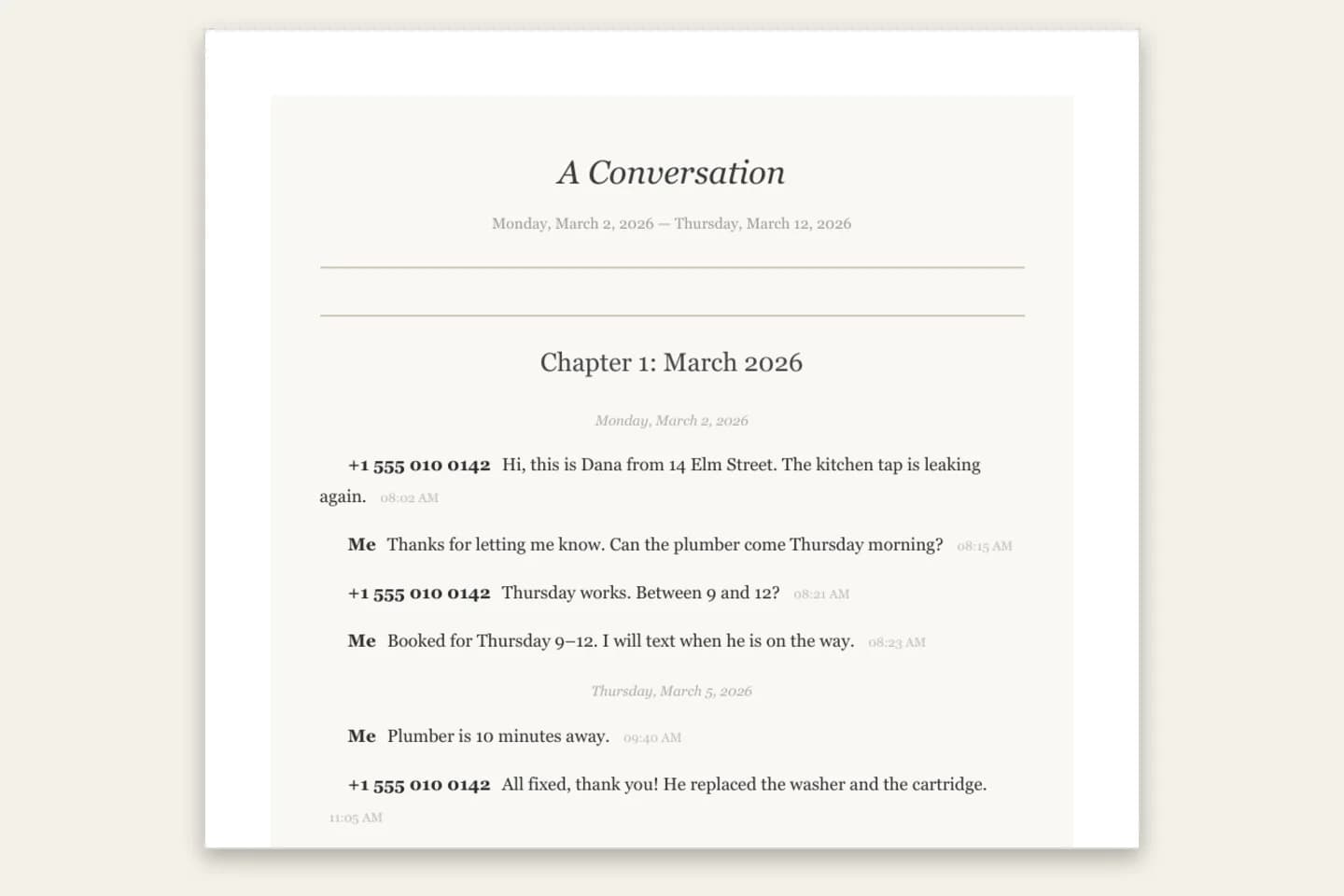 The same text conversation in the Book Format style: a title page reading A Conversation, a date range and messages set in serif type