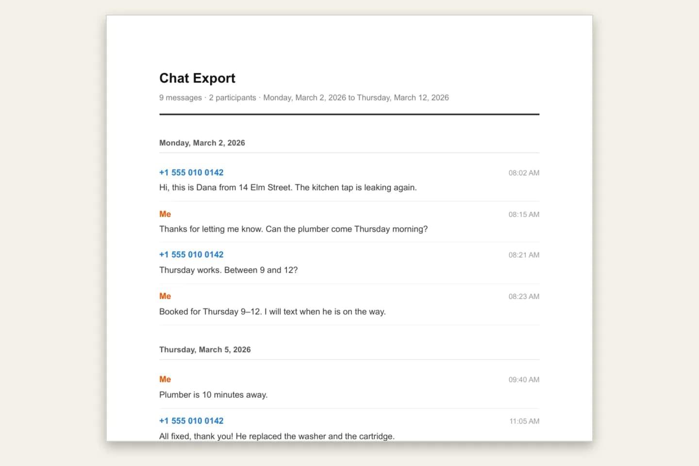 The same text conversation as a Clean Document PDF: day headings, sender phone number or Me, time and message text