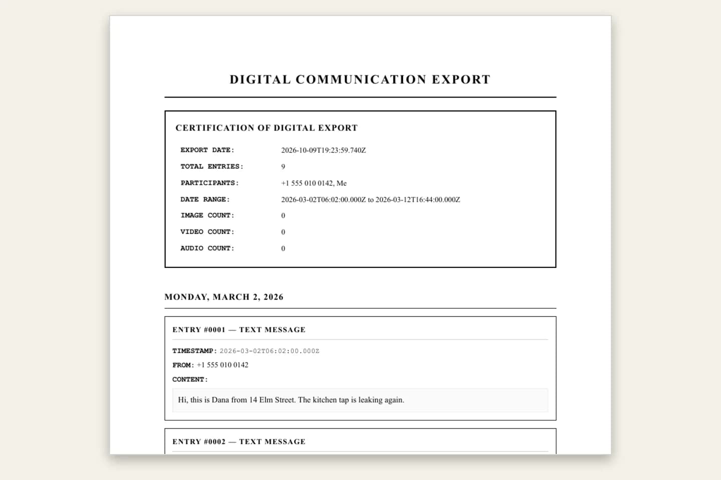 First page of a text message PDF in the Formal / Legal style: a summary block, then numbered entries with timestamp, the sender’s phone number and the message text