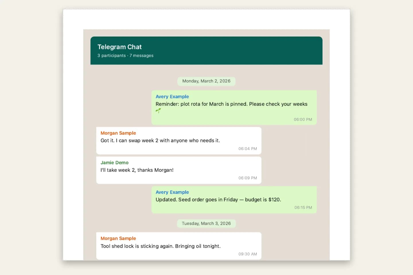 The same Telegram group chat in the WhatsApp Classic bubble PDF style, headed Telegram Chat, with sender names and times in each bubble