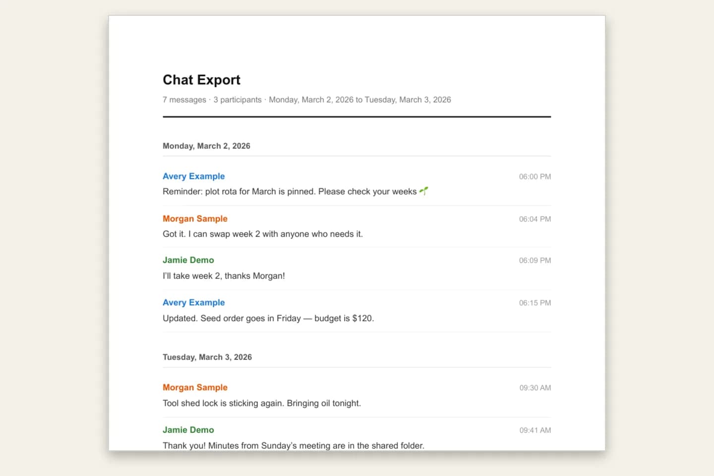 First page of a Telegram group chat converted to a Clean Document PDF, with coloured sender names, times and day headings