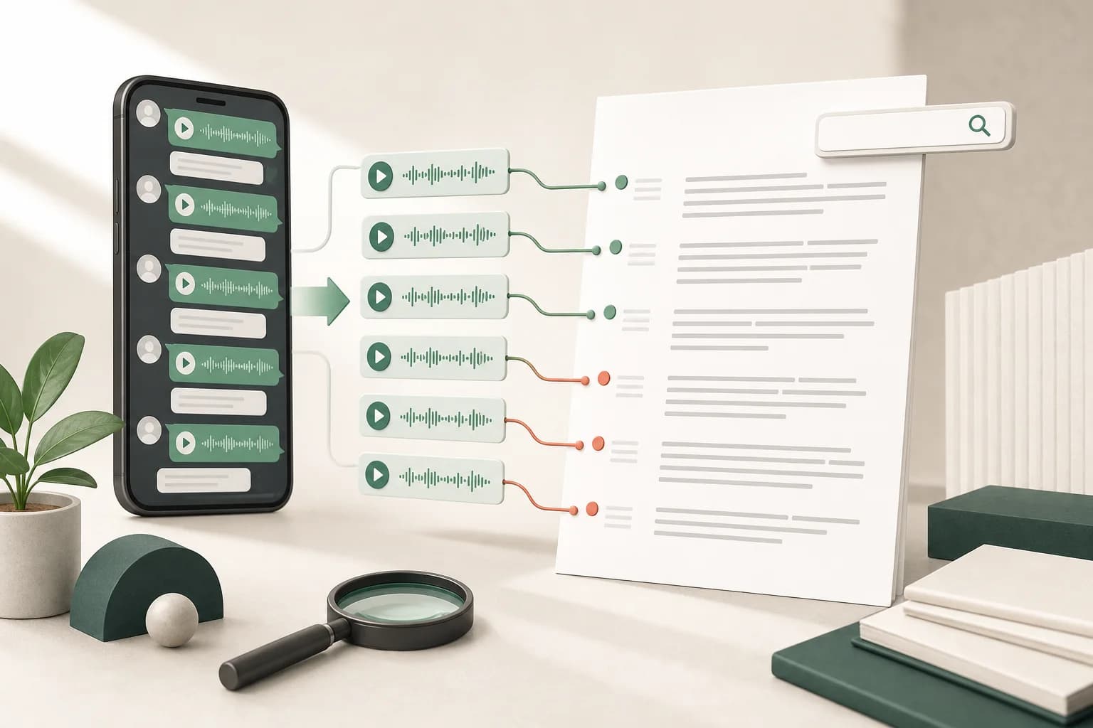 A full WhatsApp voice-note conversation transformed into a searchable transcript with each audio message matched to its text