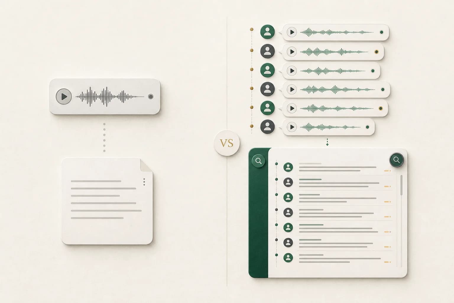 Comparison of one isolated voice-note transcript with a whole-chat transcript that preserves speakers, order and timestamps