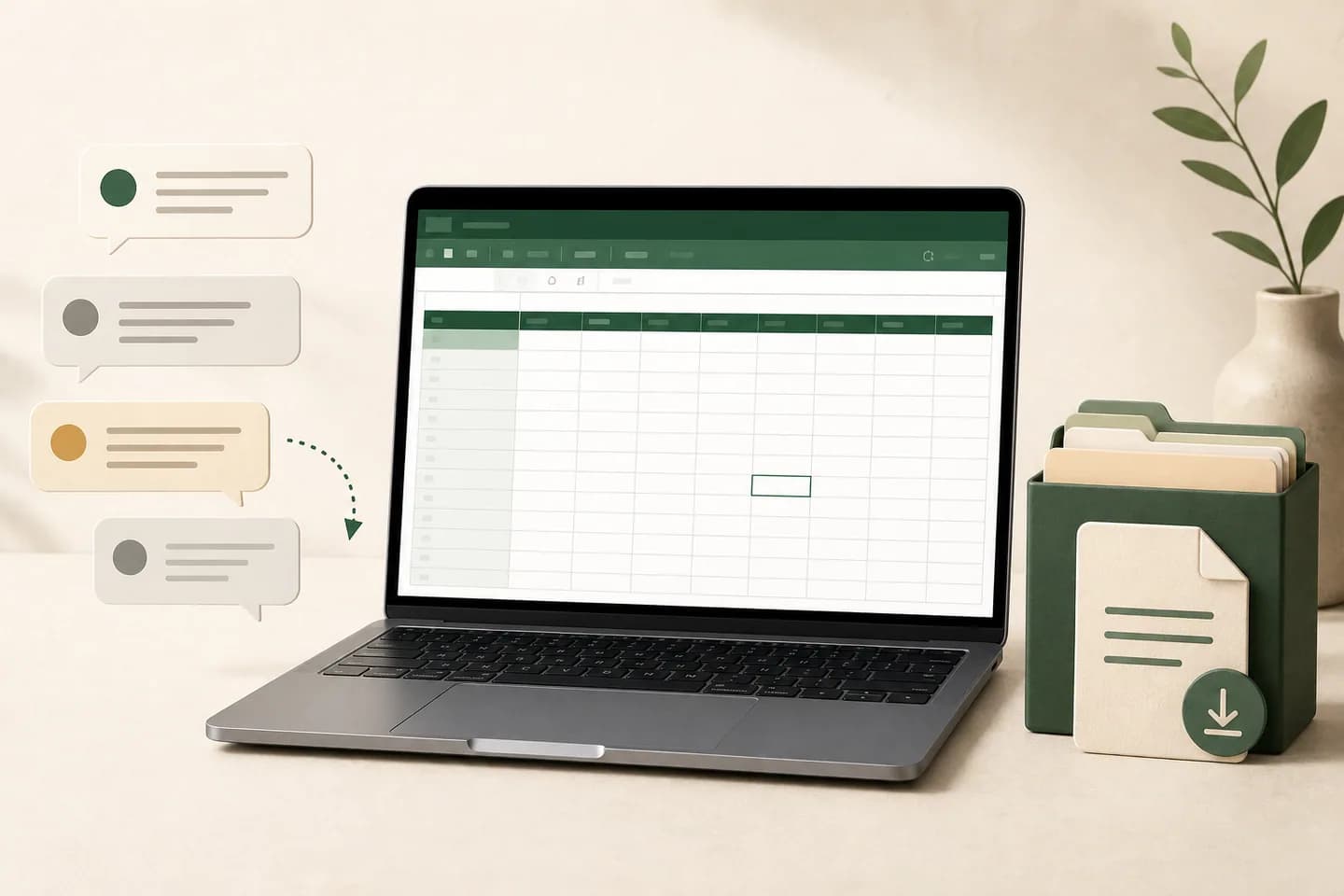 WhatsApp chat messages arranged beside an Excel-style spreadsheet preview