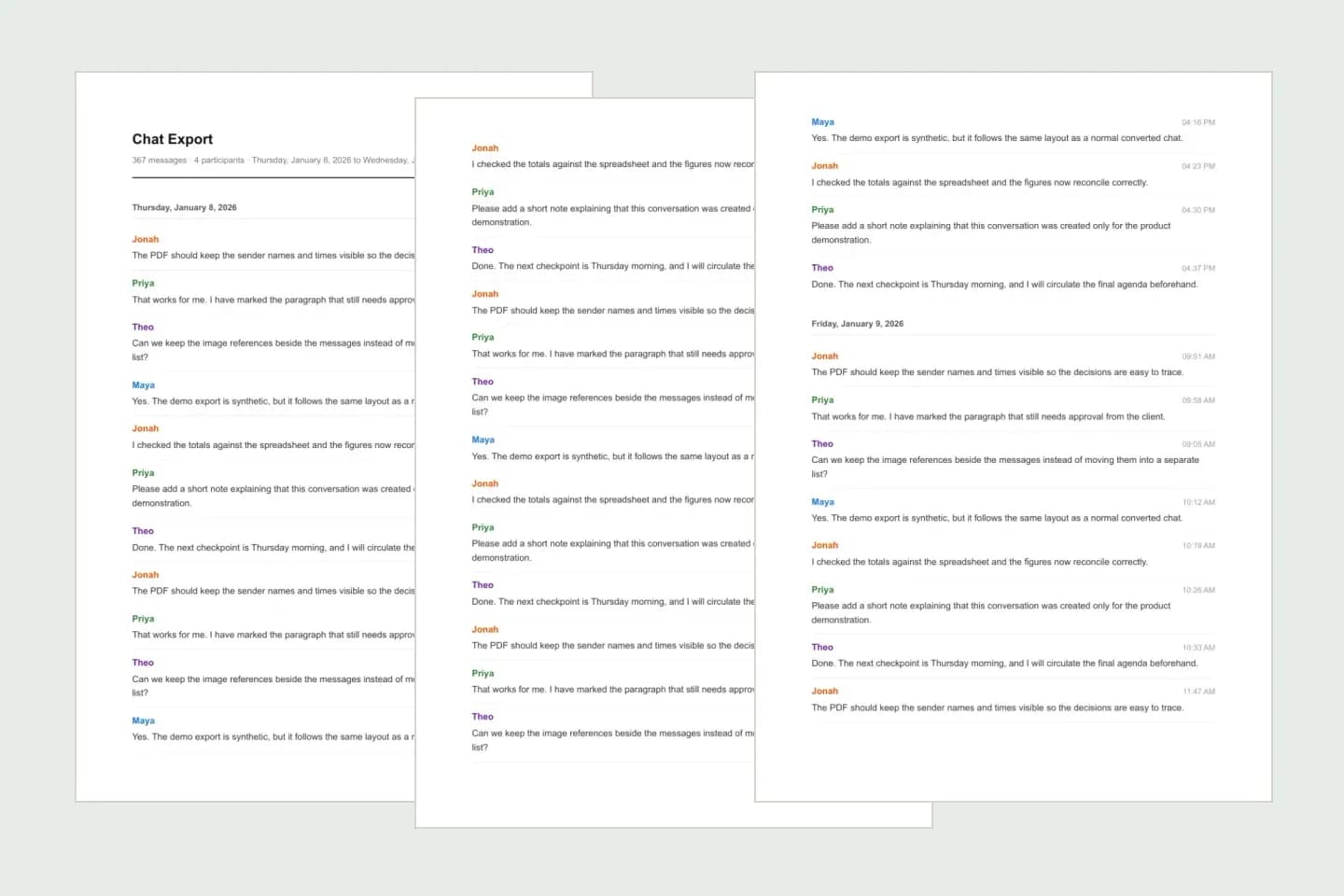 Three printed pages of a WhatsApp chat converted to a Clean Document PDF, with sender names, dates and timestamps on every message
