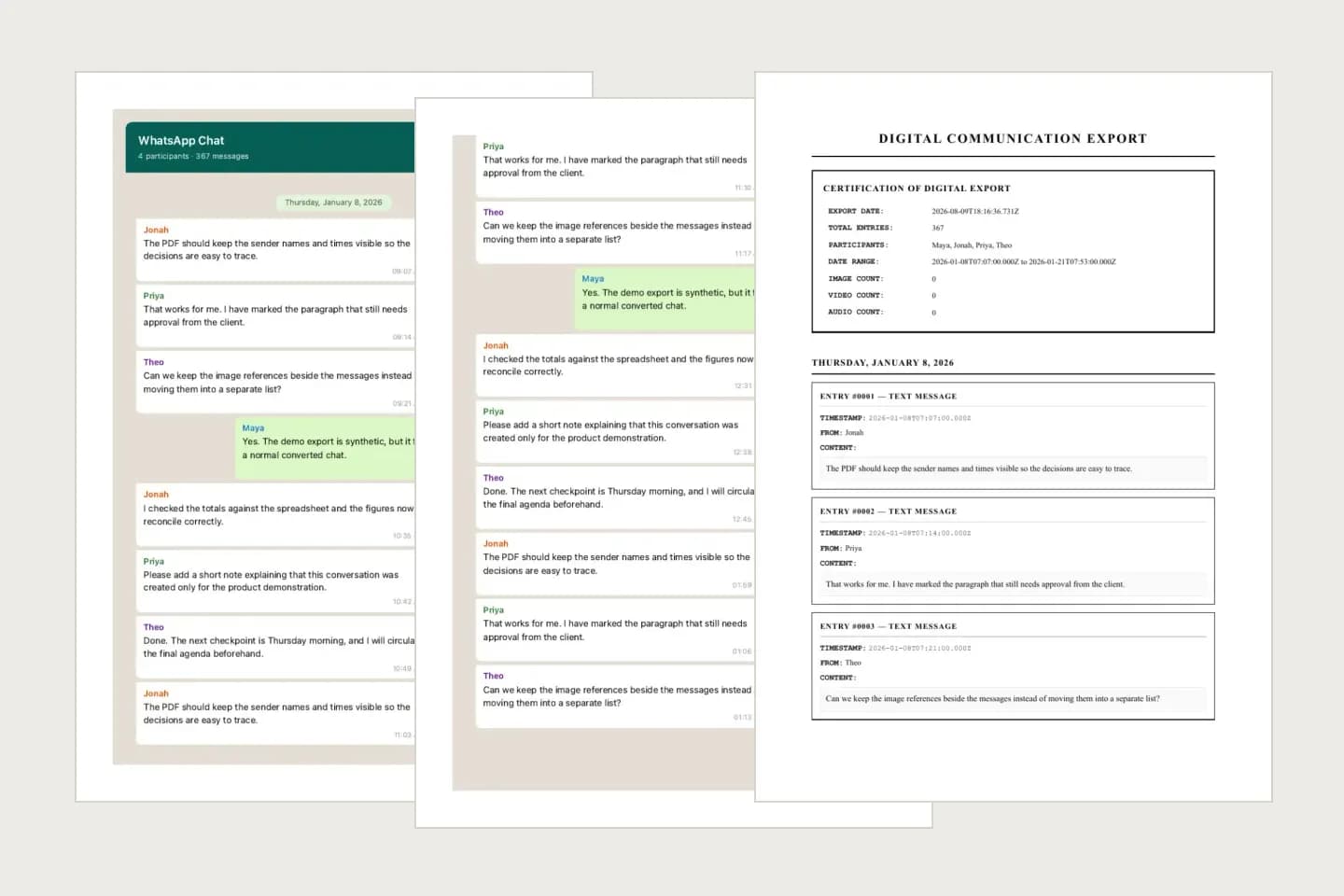 Printed WhatsApp chat PDF pages in two layouts: WhatsApp-style chat bubbles and a formal record with full timestamps
