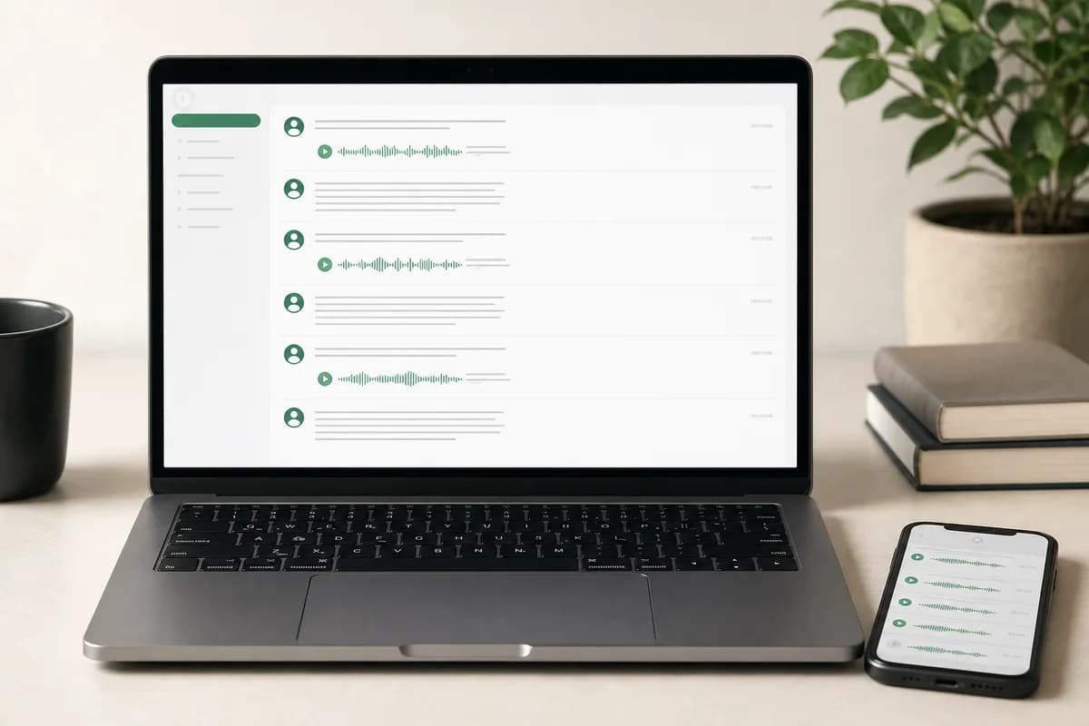 Tamil WhatsApp voice-note transcripts displayed in sender and timestamp order on a laptop