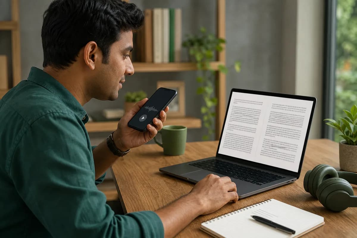 A Tamil WhatsApp voice note being reviewed beside its chronological transcript on a laptop